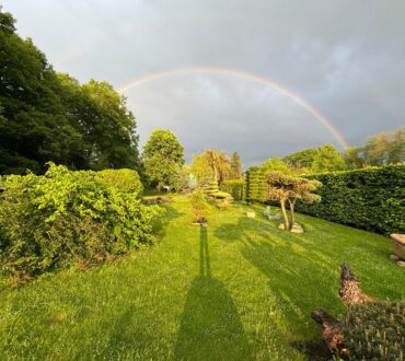 Zeigt ein fertiges Projekt eines Garten mit Grauen Himmel und einen Regenbogen. Das Projekt ist abgeschlossen.